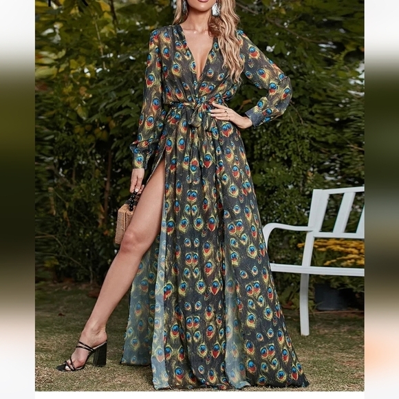 Peacock Print,  Long Sleeved,  Deep V Neck,  Slit Thigh, Mermaid Gown - Picture 2 of 10